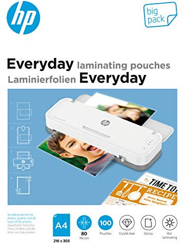 HP Everyday Laminierfolien, DIN A4, 80 Micron, glänzend, transparent, zum Heißlaminieren, 100 Stück, 9154