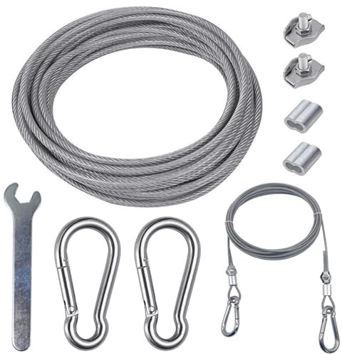 aufodara 2 Metri Kit Cavo in Acciaio Inox, Diametro 3 mm (Compreso 0,5 mm il rivestimento in PVC), con 2x Moschettone Inox M6, 2x Clip per Fune Metallica, 2x Alluminio Manicotti, 1x Mini Chiave (2M)