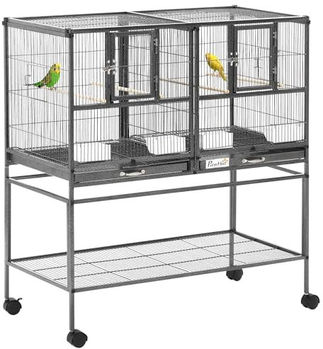PawHut Doppia Gabbia per Uccelli in Metallo di Alta Qualità con Vassoi Estraibili, Supporto Stabile con 4 Ruote e Ripiano, 95x45.5x102cm, Nero Grigio