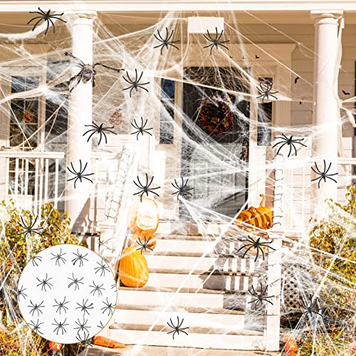Homsun Decorazioni di Halloween, 200g Ragnatela Elastica con 60 Ragni Finti, Ragnatela di Halloween per Finestra, Cortile, Armadi e Prato