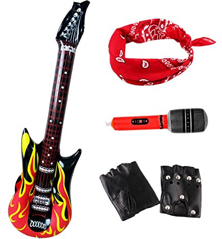 MIVAIUN 4 Pezzi Punk Rocker Party Kit, Rockstar Costume anni '90 Heavy Metal Rocker, Microfono Gonfiabile, Guanti, Bandana, Chitarra da Rockstar Gonfiabile, per Feste a Tema e Carnevale