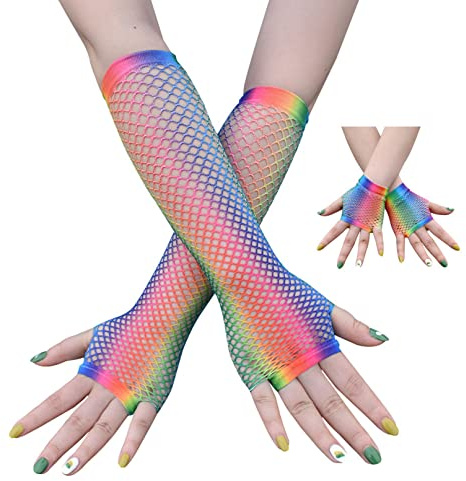 2 paia di guanti a rete arcobaleno, guanti da opera senza dita per le donne, guanti a rete elasticizzati, guanti in costume a rete anni '80 per Halloween