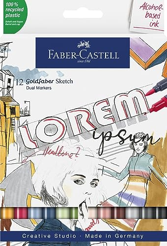 Faber-Castell 164712 - Goldfaber Sketch Marker, 12er Etui Alkohol Marker mit Brush Spitze und Fineliner Spitze