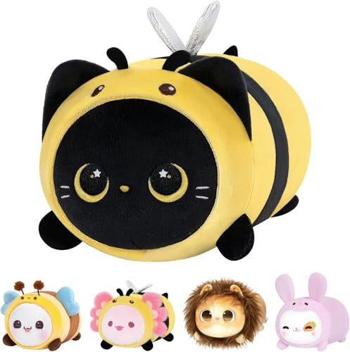Mewaii Schwarze Katze Biene Plüschkissen 20CM Weiches Kawaii Kuscheltier für Kinder,Niedliches Katze Plüschtier,Perfektes Kuschelkissen und Geschenk
