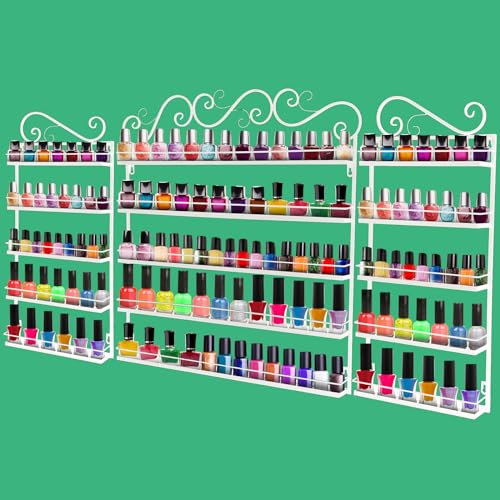 Sintuff 3 in 1 Wall Mounted Nail Polish Organizer Nail Polish Rack 5 Tiers Nail Polish Shelf Rectangle Storage Display Nail Polish Holder Stand Holds 200 Bottles for Home Salon Business Spa (White)