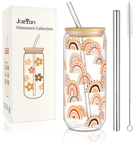 Joeyan 600 ml glas dryckesmugg med lock och sugrör, regnbågsmönster, dricksglas, burkform, iskaffe, bubbla, te, smoothies, longdrinkglas