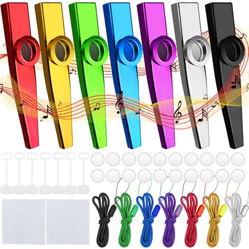 Bohoray 7 Pack Kazoos, Metal Kazoo Musical Instruments with 21 Flute Membranes, Kazoos Multipack with 7 Braided Lanyards, Kazoo Instrument with Lanyard for Music Lover, Beginners