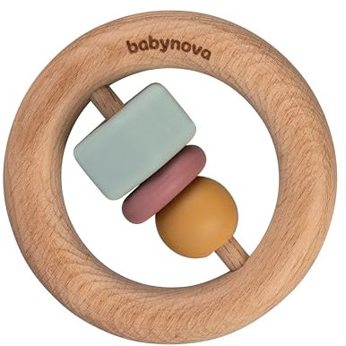 babynova Holz Motorik Beißring - Montessori Holzspielzeug für Zahnen, Spielen & Lernen ab 0 Monate - Frühe Entwicklung der Motorik - BPA-frei
