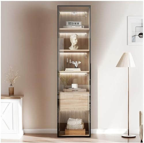 Wyibwy Armario de 40 x 34,5 x 165 cm con luz, 1 cajón grande y 1 puerta de cristal, mueble de baño, mueble de salón, vitrina