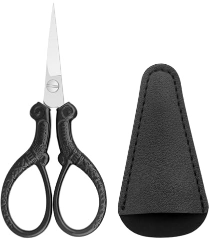 Stickschere, Edelstahl-Bastelschere zum Nähen, Handarbeiten, Fadenschneiden, Basteln mit Lederschutzhülle (schwarz)