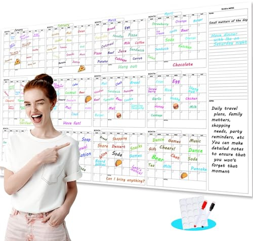 Large Dry Erase Calendar for Wall - 12-Month Undated Wall Calendar Dry Erase, 34 x 60, Reusable Yearly Calendar with Two Markers, Great Layout Dry Erase Wall Calendar for Home School or Office