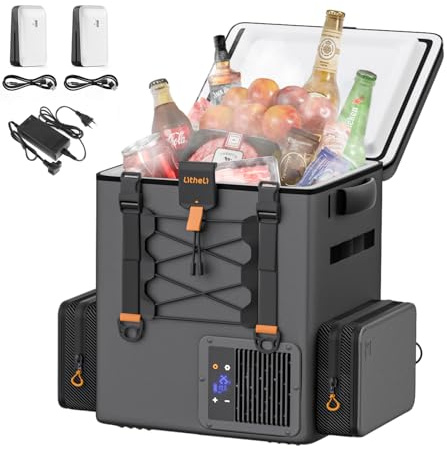 LiTHELi FrozenPack - Nevera con compresor de 20 l con adaptador CA CC, 12/24 V, 100/240 V, para camping, viajes, autocaravana, refrigeración rápida, 15 minutos, con 2 baterías de 4,0 Ah (3 paquetes)