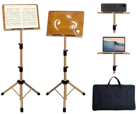 Portable Music Stand - Folding Music & Book Stand with Carrying Bag, Adjustable Height Wooden & Metal Foldable Podium Stand for Sheet Music, Reading, Bible, Laptop, Cookbooks, Projector