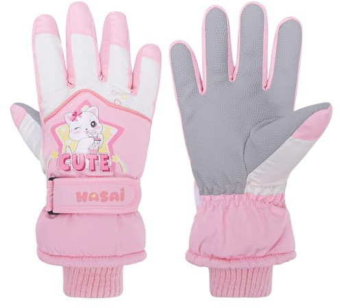 QKURT Kids Winter Ski Gloves, Children Waterproof Anti Slip PU Warm Gloves Sledding Snowboard Skating Thermal Glove Windproof Cold Weather Snow Glove with Cat Pattern for Girls Boys Age 6-10