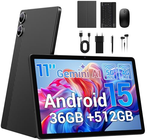 BEYNIVAN Tablet11 Pollici Android 15 tabletcon 4G LTE/5G WiFi,36GB RAM+512GB ROM+1TB Espansione,Gemini AI,9580mAh,13MP+8MP,BT 5.0/GPS/Split-Screen/Face ID/Tab con Tastiera,Nero
