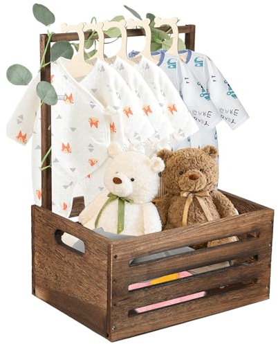 BAODBF Korg för presenter trä, trälåda för babyparty med 5 galgar, babykorg med handtag, trä baby presentkorg för babyshower av tvättkorg barn baby shower gåva (stil 6)