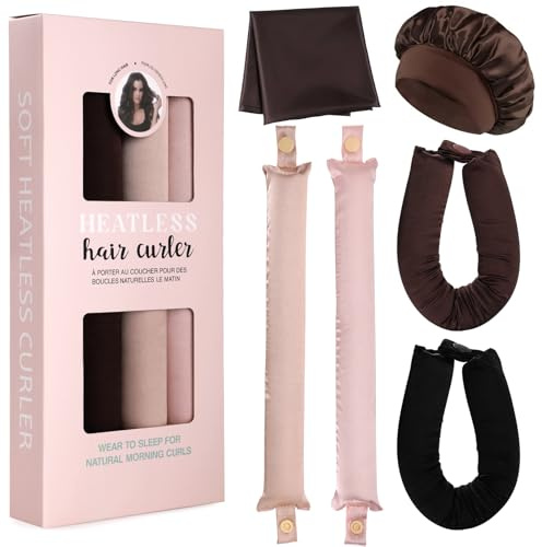 4pcs Bigodini Capelli Senza Calore，GeeRic Bigodino Lungo per Boccoli+Cuffia Doccia+Foulard da Fisso Flessibile Boccoli Arricciacapelli per Capelli Medi/Lunghi DIY Salone Strumento per Styling Dormo