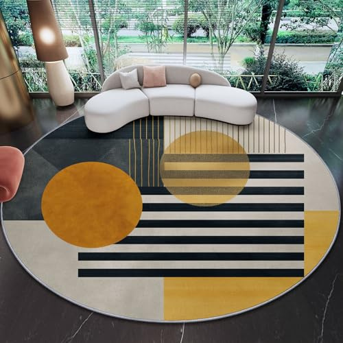 Tapis Rond Minimaliste Rayé Circulaire - Lavable - Poils Courts Doux et antidérapant - pour Chambre à Coucher, Salon, Vestibule, entrée, Chambre d'enfant - Jaune 90 cm