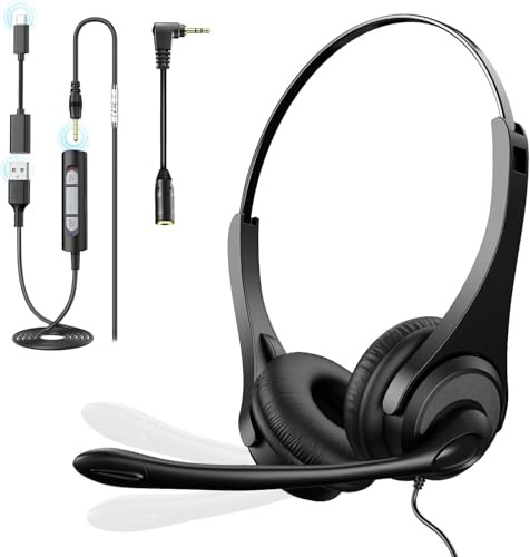 Voistek USB Auriculares con Micrófono, 4 en 1 (Type-C/USB-A/3.5mm/2.5mm Jack), Cascos On-Ear con Cable, Micrófono con Cancelación de Ruido para Oficina, Call Center, Skype, Teams, Zoom, PC, Portátil