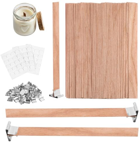 50 Sets 13cm Candle Wicks Bark Wicks for Making Candles Natural Smokeless Wood Candle Wick with Iron Stand Sustainer for DIY Handmade Bedroom and Living Room Candles Making Craft