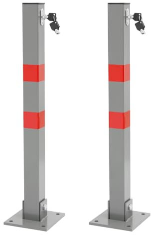 ECD Germany 2 x Poteau de Parking Carré Rabattable - Hauteur 70 cm - 3 Clés - en Acier - Barrière Borne de Stationnement Repliable - Matériel de Fixation Inclus - Bandes d'Avertissement Rouges