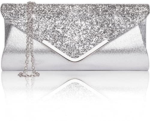 Larcenciel Damen Clutch Abendtasche Unterarmtasche Umhängetasche mit Strass-Steinen und Abnehmbarer Kette in den Farben Silber Gold Altrosa (Silber)