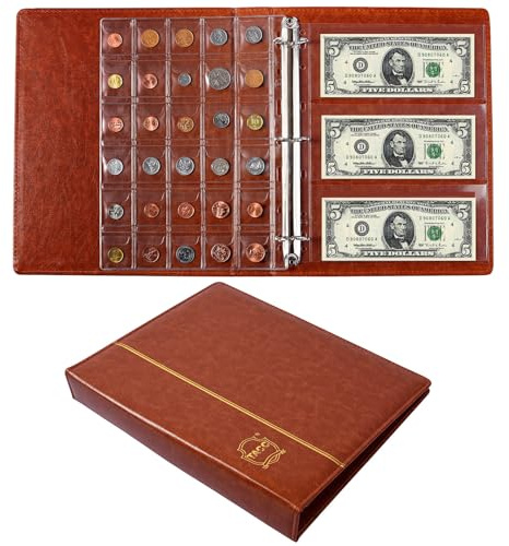 Ettonsun Läder 120 fickor myntuppsamlande hållare album, 24 fickor papper pengar valuta insamling tillbehör hållare, stor förvaringsbok för samlare, sedelminne