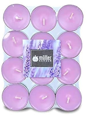 Müller Tealights Candele Profumate - Fragranza Lavanda - 39 × 15 mm - Durata 4 Ore - Lumini di Cera Colore Viola - Set di 24 Candeline