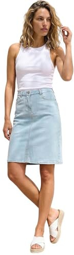Roman Originals A Line Knee Length Denim Skirt - Ladies Casual Everyday Daywear Bleach Wash Pocket Detail Button Zip Staple Essential Womens Piece - Light Blue - Size 12