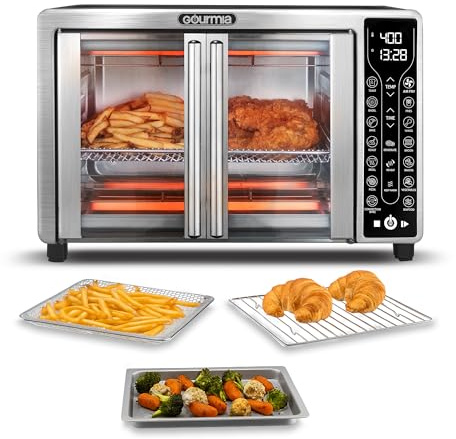 Gourmia French Door Air Fryer – 25 Qt Large Capacity Convection Oven, Fryfroce 360°, Digital Display with 17 Cooking Presets, Bake, Toast, Roast, Dehydrate, Fits 12” Pizza