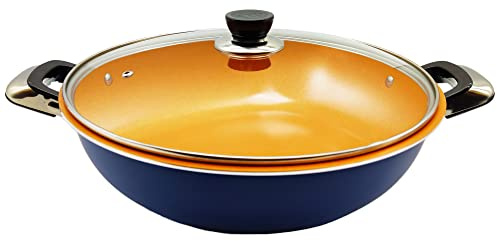 Homatz Wok Pan with Glass Lid 32cm Stir Fry Pan – Non Stick Wok Ceramic Coating, Induction Base, Aluminium, Riveted Handles I Blue