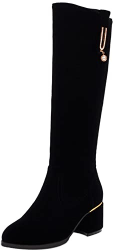 Lroey Reoly Bottes Mi-Mollet à Talon Bloc Femme, Bottes Habillées Talons Moyen Bout Rond Boots Zip Soirée 159 Noir Taille 46 EU
