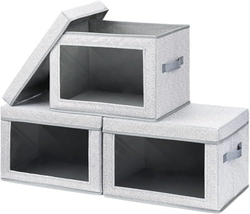DIMJ 3 Pack Foldable Storage Boxes with Lids - Storage Bins with Clear Window, Fabric Storage Basket with Handle Wardrobe Organiser for Clothes, Toys, Books, Closet, Office