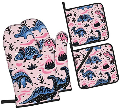 Vantar och grytlappar set dinosaurie rosa praktiska kökshandskar värmebeständiga köksvantar för gåvor kökstillbehör matlagning