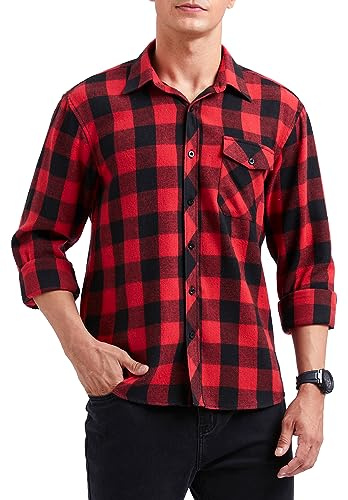 HISDERN Mens Plaid Flannel Shirts Long Sleeve for Men Casual Lumberjack Shirt Checked Button Down Regular Fit Red 4XL