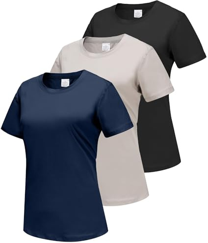 DMVOD 3-Pack T-Shirt a Maniche Corte in Cotone da Donna Top da Allenamento per Signore T-Shirt basiche Aderenti T-Shirt Semplice Girocollo Black/Gray/Navy-L