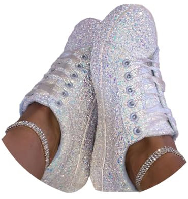 Minetom Damen Glitzer Sneakers Pailletten Flache Low Sneaker Atmungsaktiv Turnschuhe Outdoor Laufschuhe Schuhe Schnürsenkel Walkingschuhe A Weiß 40 EU