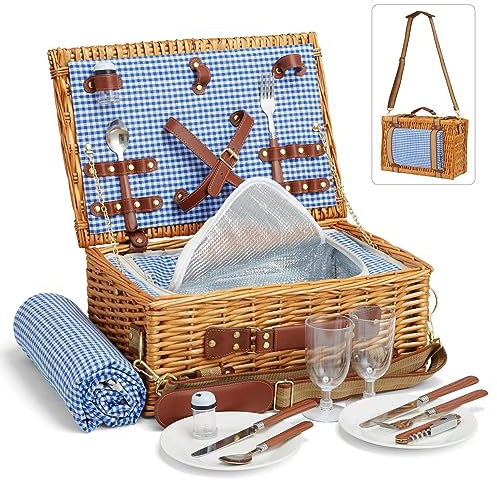 DHAEE Wicker Picnic Basket Set for 2 Person with Cooler Compartment and Waterproof Picnic Blanket,Removable Strap,Cutlery Set,for Camping,Day Travel,Beach,Hiking,BBQ and Family/Couples Gifts