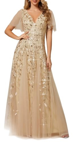 Ever-Pretty Vestidos de Fiesta Mujer Largo Tul Lentejuelas Escote V A-línea Elegantes Oro 46