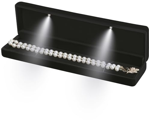 LETURE Classic Metal Glossy Jewelry Necklace Long Chain Gift Box with LED Light, Velvet Jewelry Pendant Storage Display Case for Proposal Engagement Wedding Anniversary Birthday Ceremony (Black)