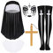 IWTBNOA Nonne Kostüm Damen, 6 Stück Kostüm Nonne Zubehör mit Nonne Kopfbedeckung, Kragen, Kreuzkette, Tattoo Glitzersteine Gesicht, Hohe Socken, Halloween kostüme Frauen für Cosplay Fasching