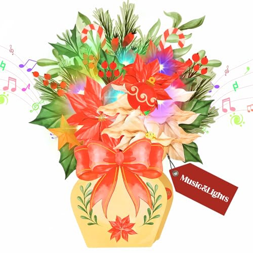 Christmas Card, Musical Christmas Card w lights for Women, Pop-up Paper Flower Bouquet Xmas Card for Girls, Kids, Wife, Daughter, Granddaughter, Mum, Xmas Gift Press to Play Music