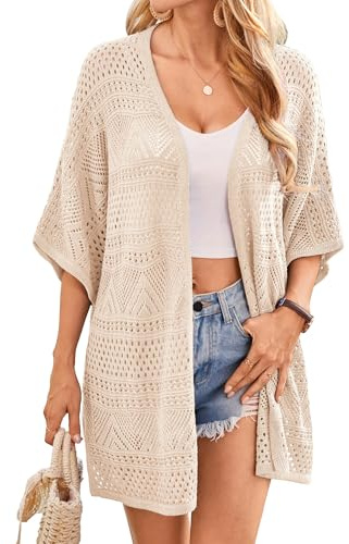 GRACE KARIN Women's Hollow Crochet Summer Cardigan Open Front Batwing Sleeves Boho Kimono Cardigans Loose Fit Knitwear for Vacation