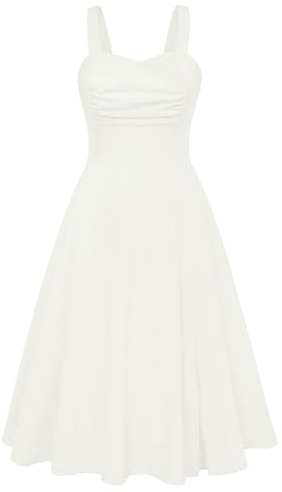 Belle Poque 1950-tals ärmlös veckad midiklänning för kvinnor, Vitt och blått, S