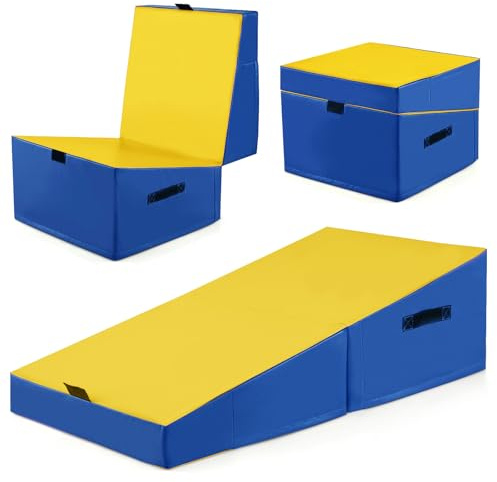 COSTWAY Tapis de Gymnastique Incliné 120 x 60 x 35 cm, Matelas de Gym Angle Droit Pliable avec Mousse EPE et Cuir PVC Antidérapant Poignée de Transport, Exercice Aérobic (Bleu + jaune)