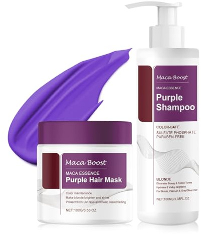 Maca Essenz Purple Haarmaske Purple Shampoo Set,Lila Kollagen Haarmaske Shampoo Set,Neutralisiert Gelbstich, Repariert Haarschäden,Nährt das Haar,für Blondes, Blondiertes, Graues Haar