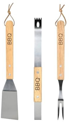 BBQ Grillbesteck Set 3-teilig aus Edelstahl – Grillzange, Wender & Fleischgabel – rostfrei, spülmaschinenfest & ergonomisch – mit Holzgriff & Schlaufe – ideal für Camping & Garten-Grill