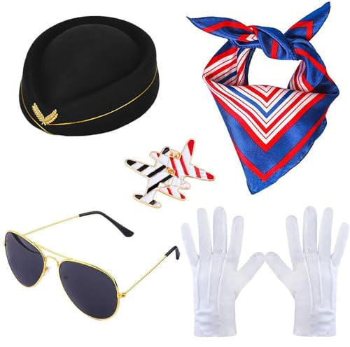 BWOOOWE Cappello Pilota Aereo Set Completo Costume da Hostess di Volo Accessori Professionali Berretto Uniforme Aviazione Cosplay Carnevale Festa a Tema(Nero)