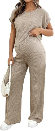 BLENCOT Maternity Clothes Lounge Sets 2 Piece Outfits Matching Short Sleeve Top Adjustable Long Pants Pregnancy Summer Loungewear Pajamas Sets Brown S