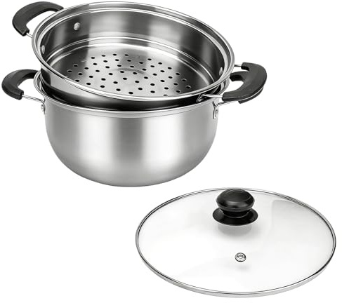 1.8 Quart Stainless Steel Steamer Pot with Basket, Stock Pot Featuring Glass Lid and Handle for Steaming Vegetables, Pasta, and Sauce